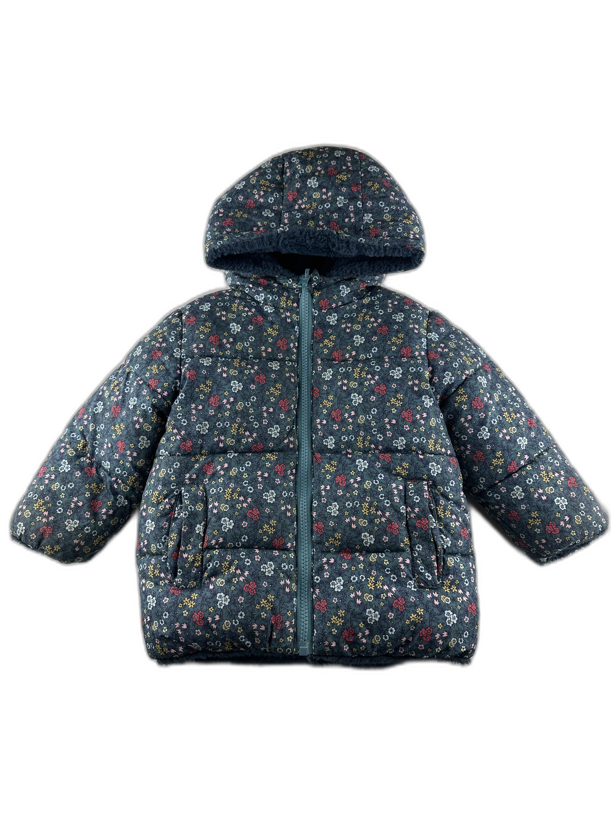 Bout'chou - Doudoune à capuche bleu imprimée fleuri - taille 24 mois - seconde main