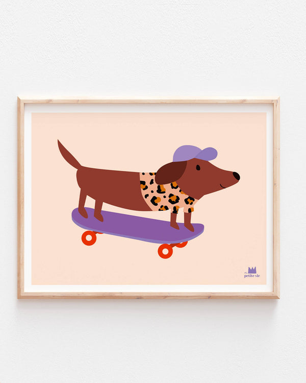 Affiche - Chien skateur- casquette (30 x 40 cm)