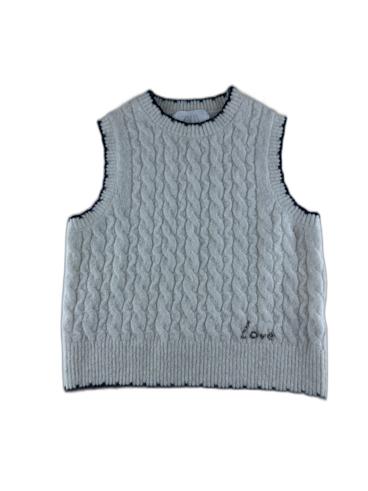 Zara - pull sans manches tricoté blanc torsadé avec bordures  noir - taille 6 ans - seconde main