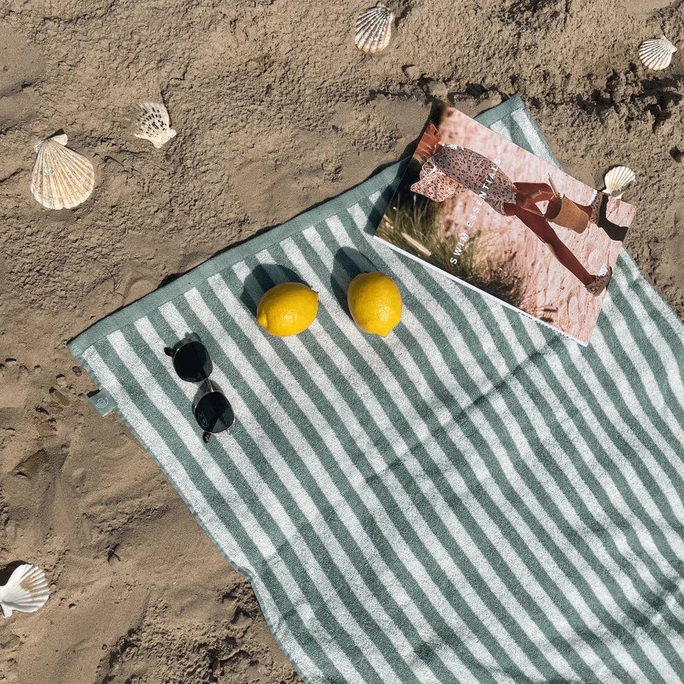 Serviette de plage en coton - Vert - Rayures de station balnéaire - 135 x 65 cm