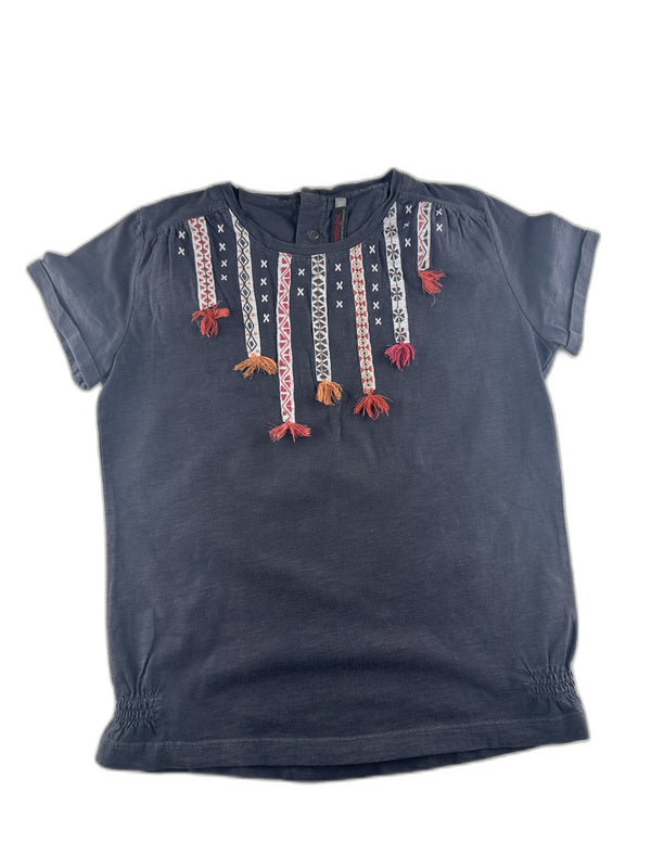 Catimini - T-shirt marine avec broderies ethniques et  pompons - taille 10 ans - seconde main