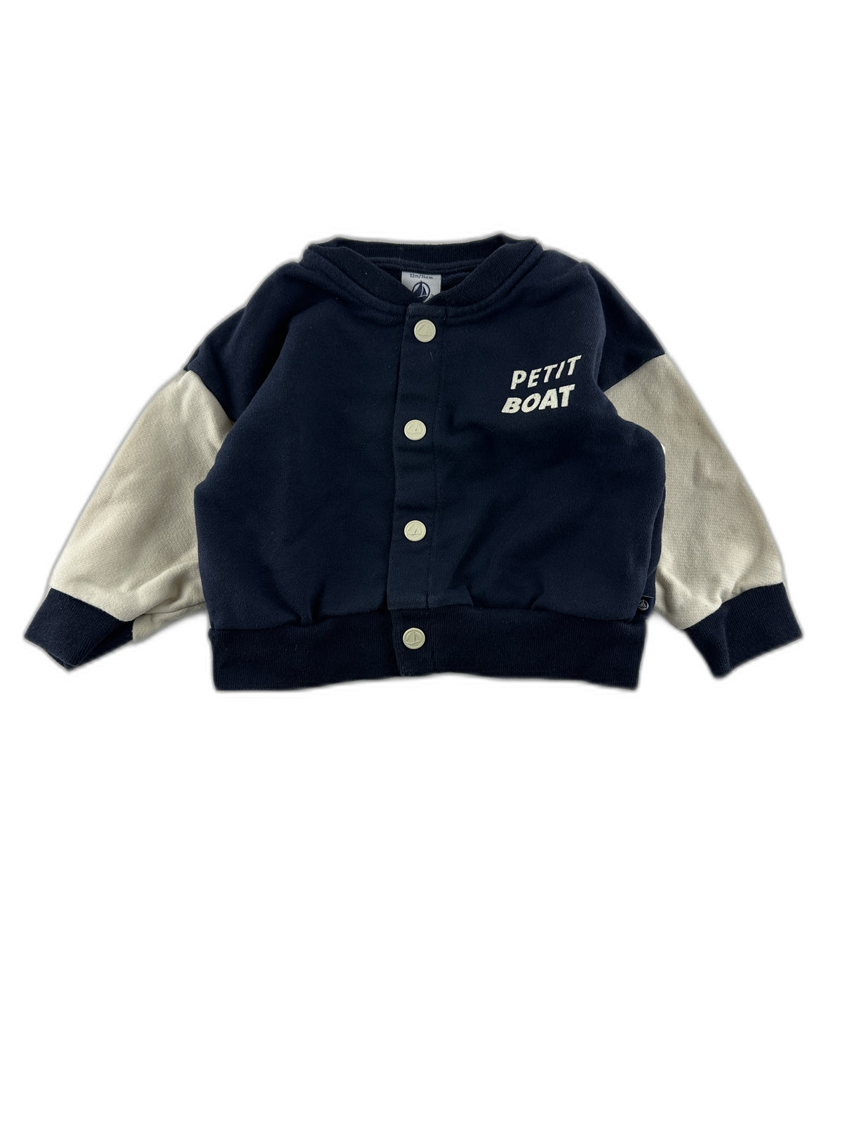 Petit Bateau - Veste teddy / Bomber marine colorblock avec inscription - taille 12 mois / 74 cm - seconde main