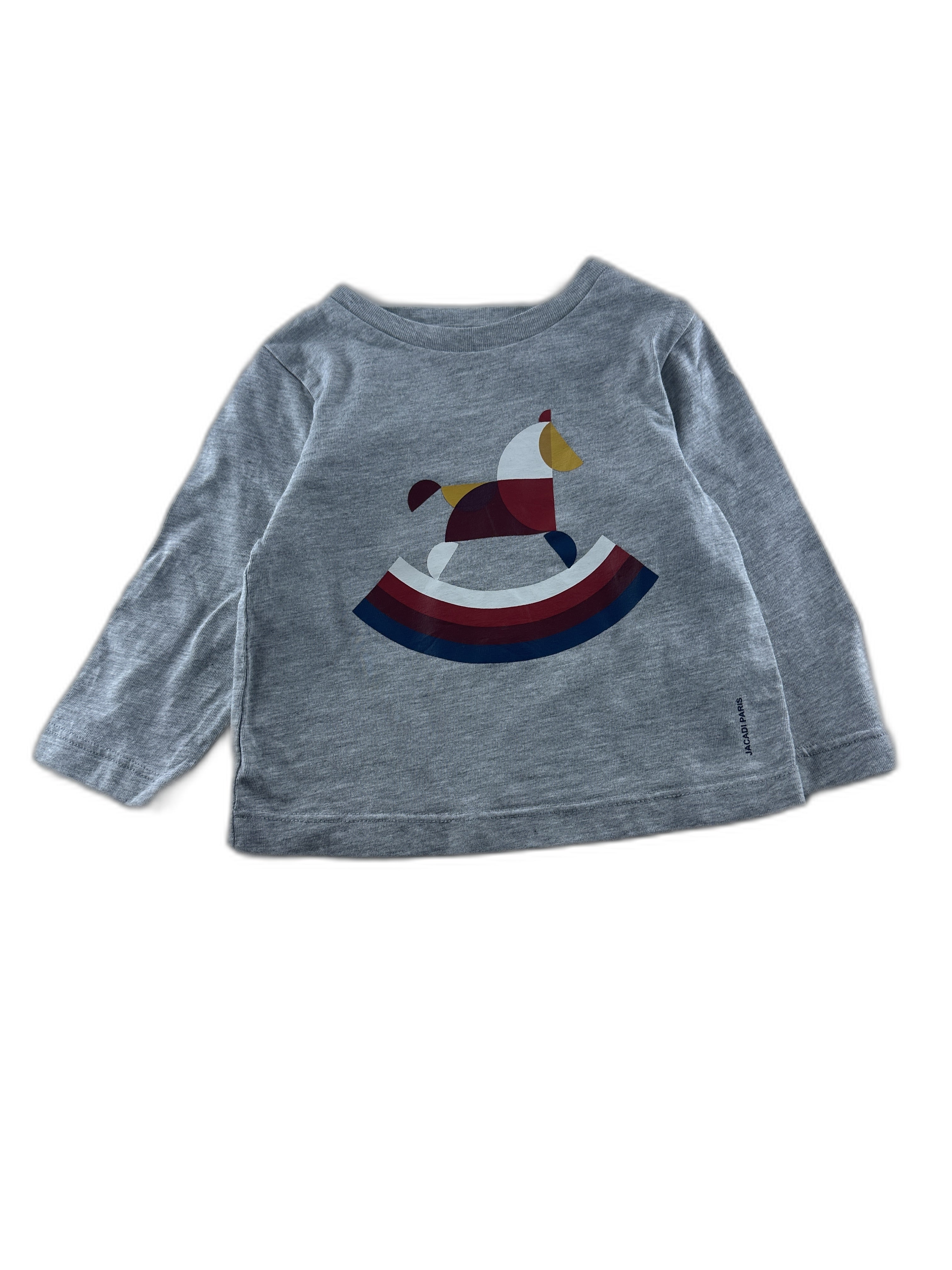 Jacadi - T-shirt manches longues gris chiné imprimé cheval à bascule - taille 12 mois - seconde main
