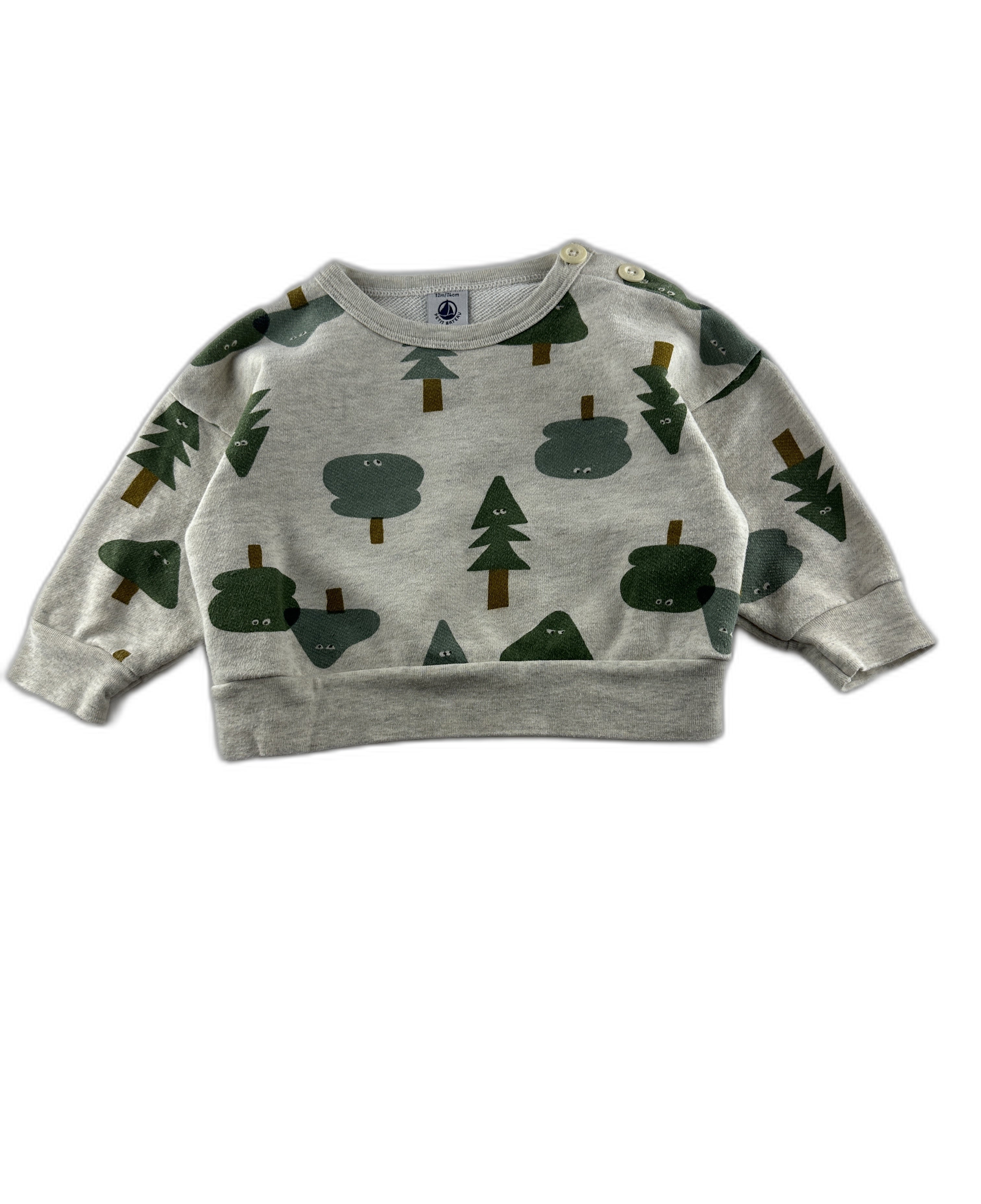 Petit Bateau - Sweat-shirt gris chiné a arbres / forêt - taille 12 mois - seconde main