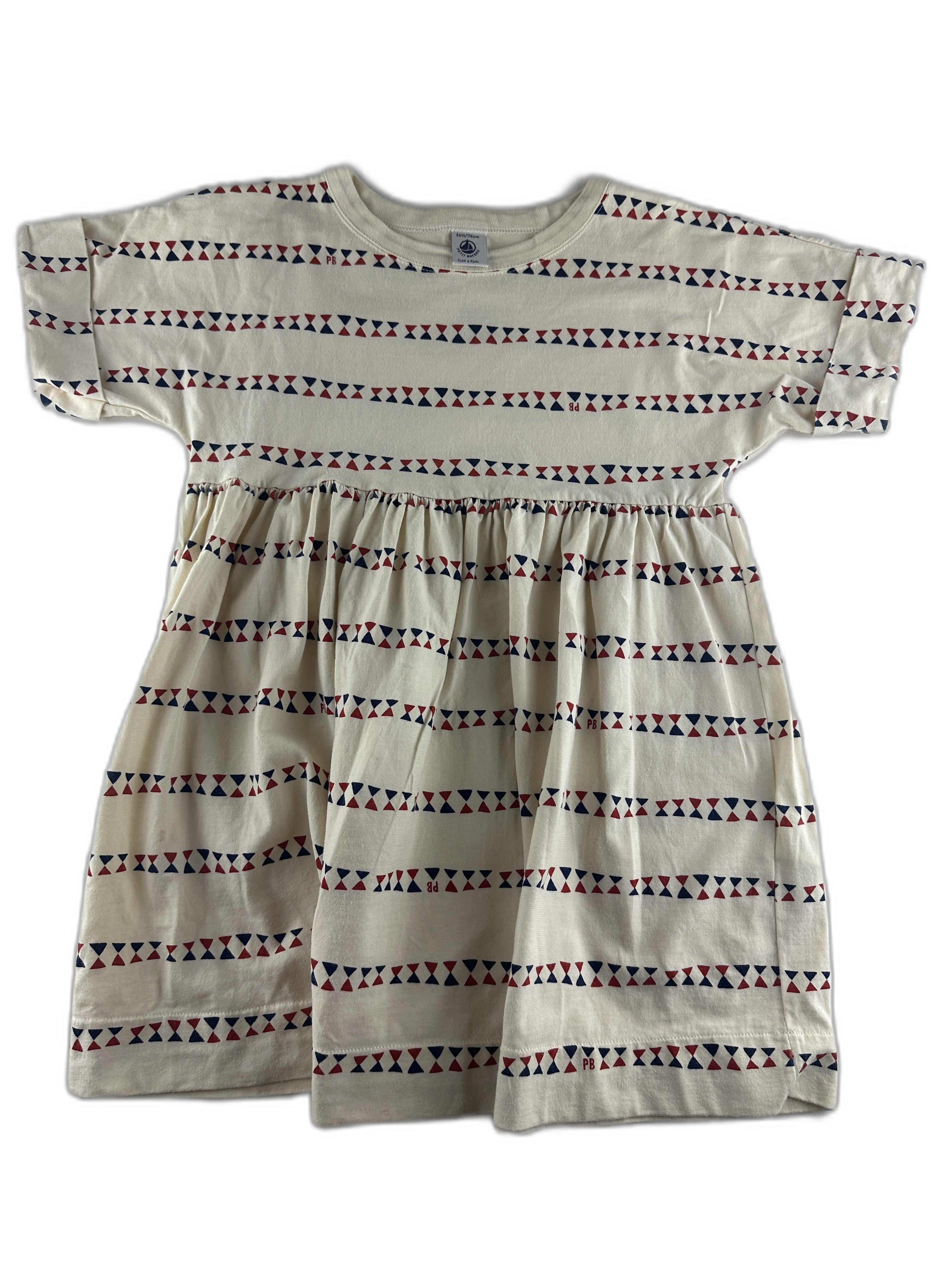 Petit Bateau - Écru rayée - triangles en bandes horizontales bleu marine et rouge - taille 6 ans - seco...
