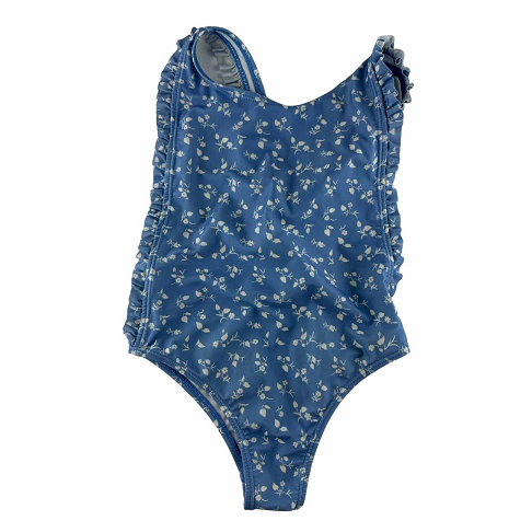 Maillot de bain bleu, fleurettes blanches, volant.