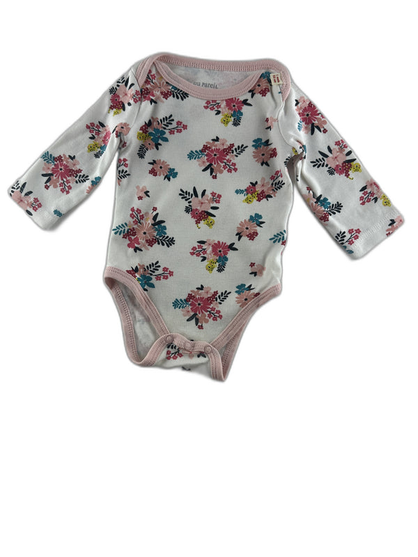 Du pareil au même - Body manches longues blanc  imprimé fleurs- taille 1 mois - seconde main