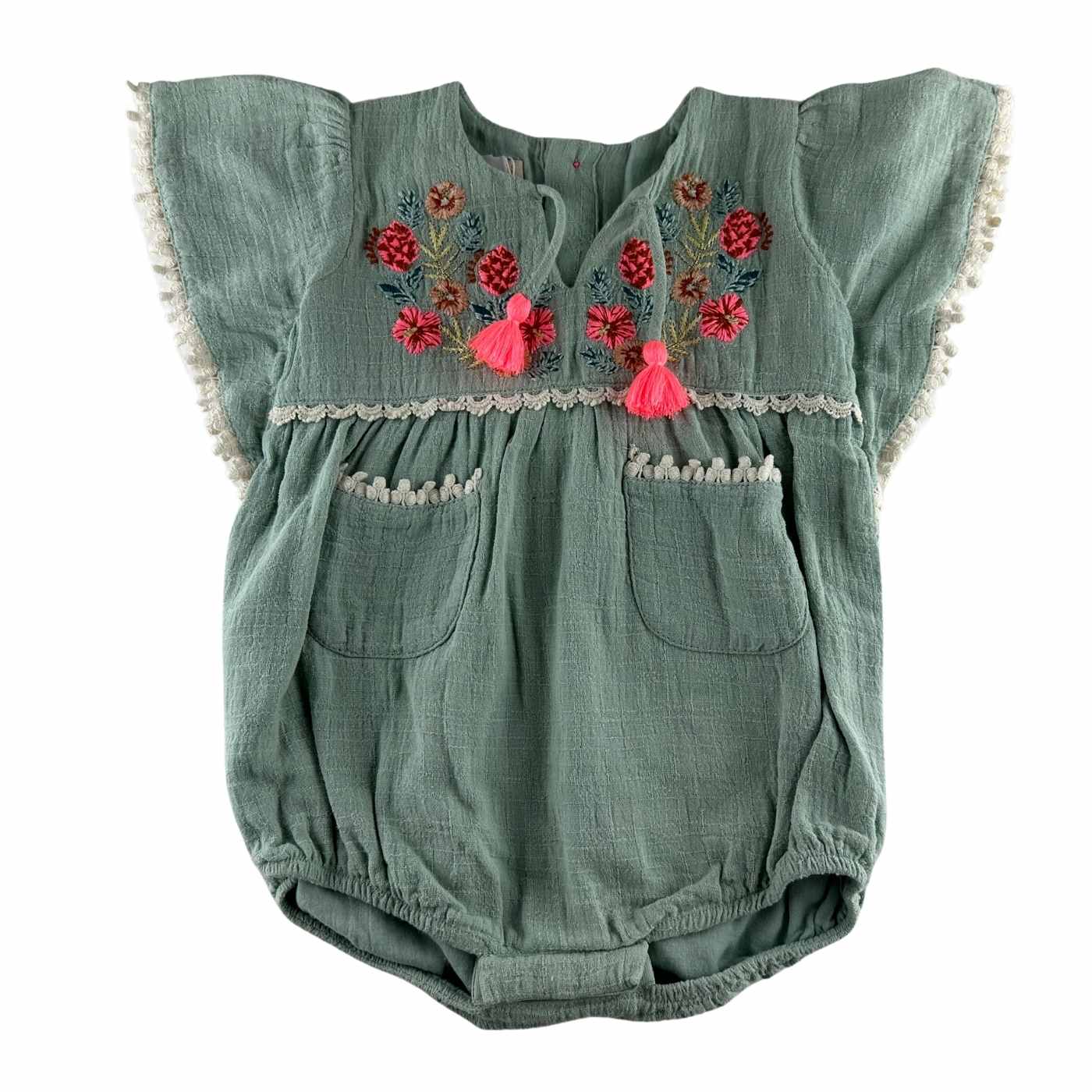 Louise Misha - barboteuse vert d'eau, brodée manches courtes - taille 6mois - seconde main