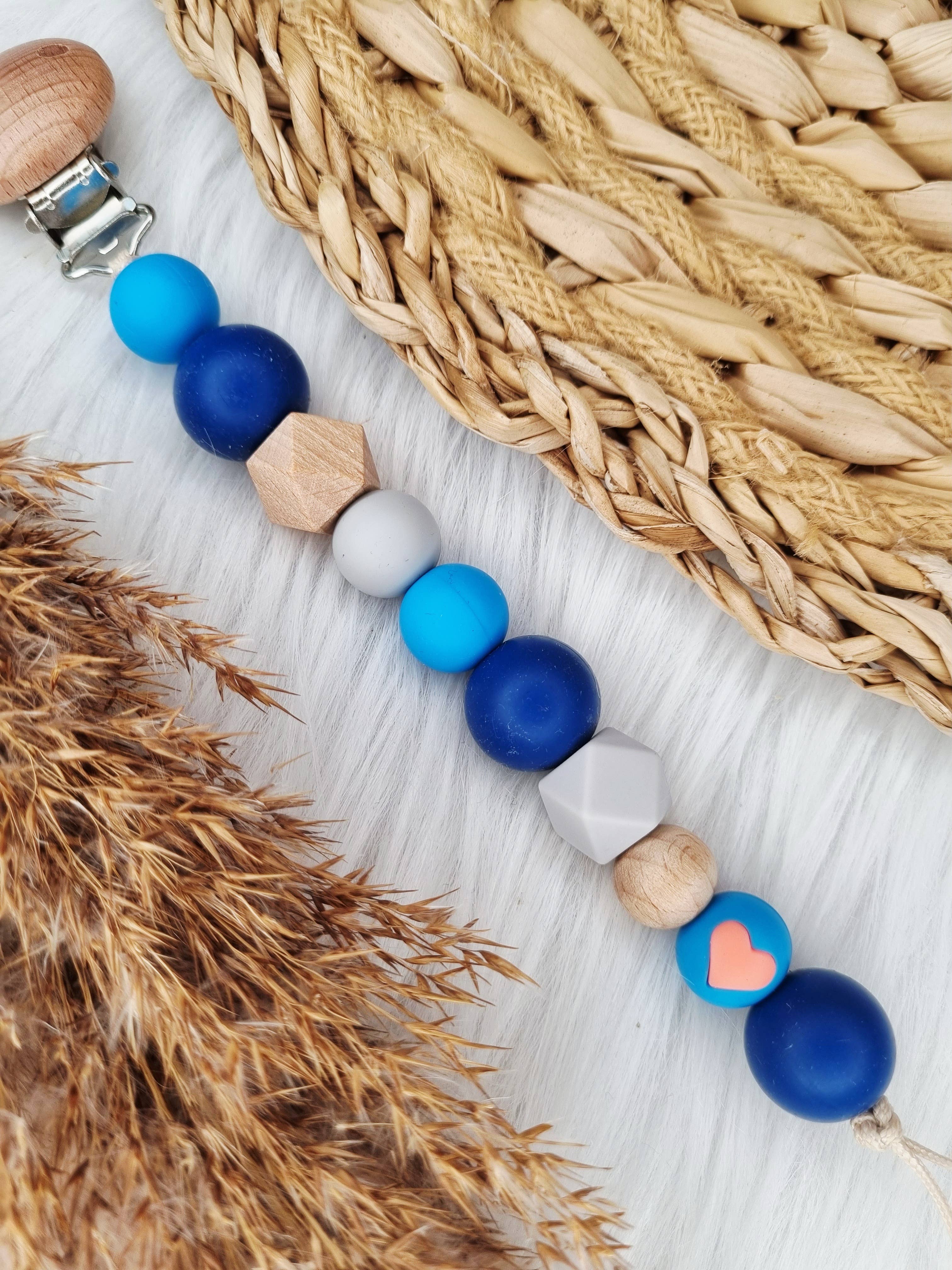 Attache-sucette - petit cœur bleu, gris