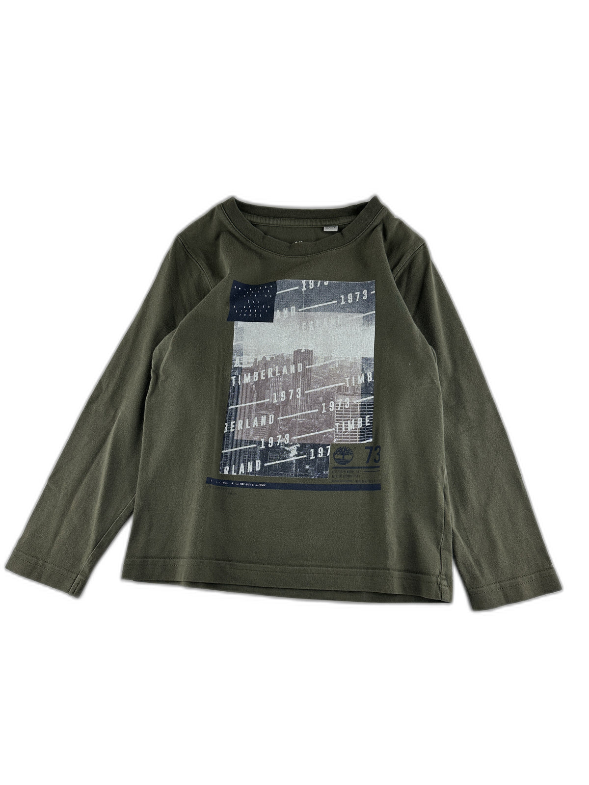 Timberland - T-shirt manches longues kaki, imprimé graphique urbain - taille 5 ans / 108 cm - seconde main