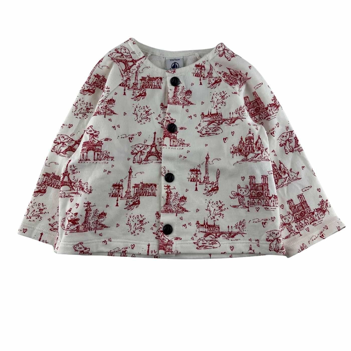 Petit bateau - Cardigan blanc/rouge, boutons pressions - taille 12 mois - seconde main