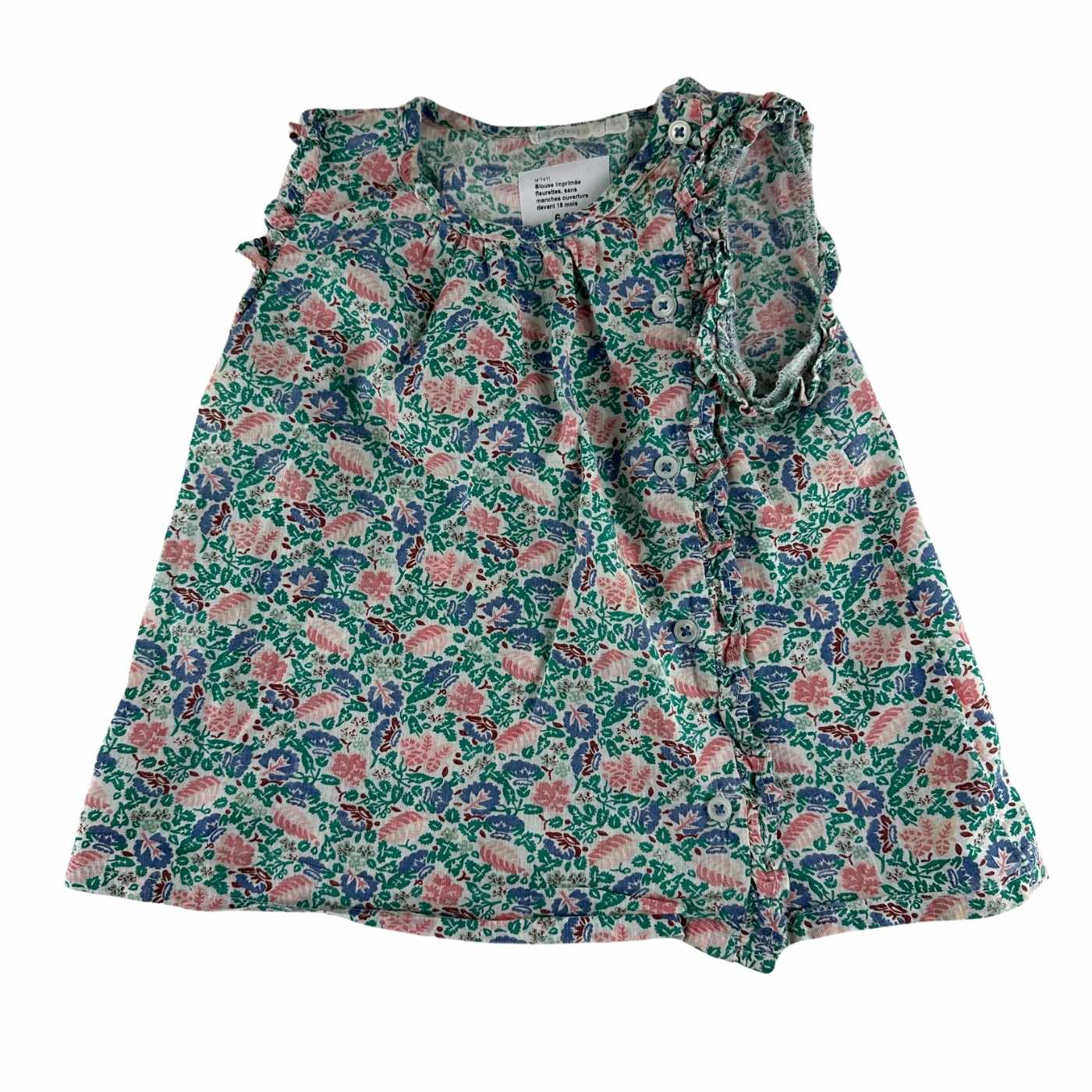 Bout'chou - Blouse imprimée fleurettes vert, sans manches - taille 18 mois - seconde main