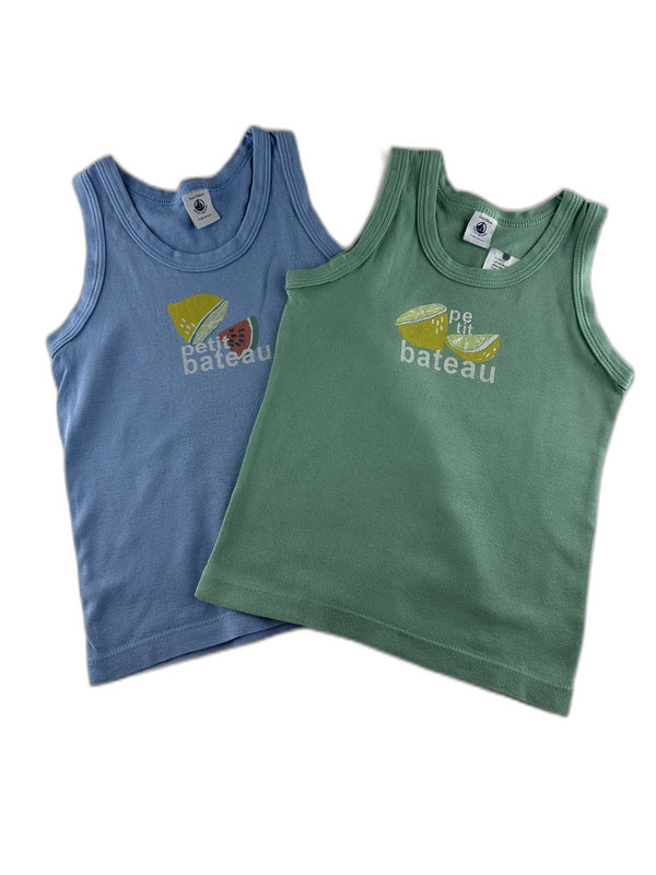 Petit Bateau - Lot de Débardeurs bleu et vert fruits (citron, pastèque) - taille 5 ans - seconde main