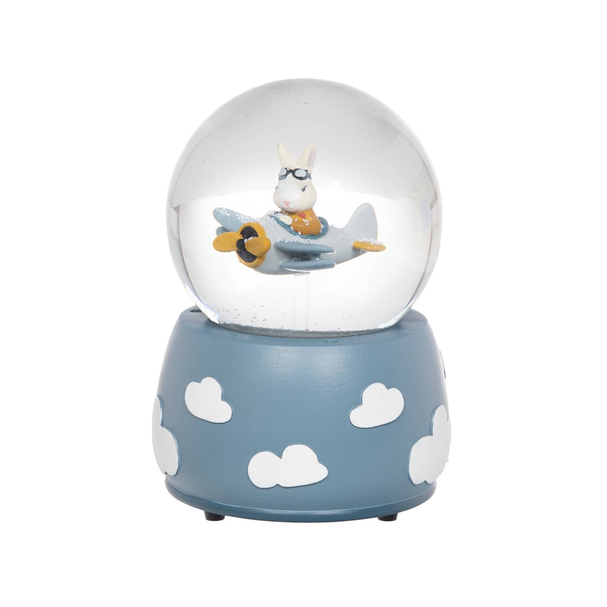 Boule à neige musicale pour enfant avec petit pilote dans un avion bleu et socle décoré de nuages