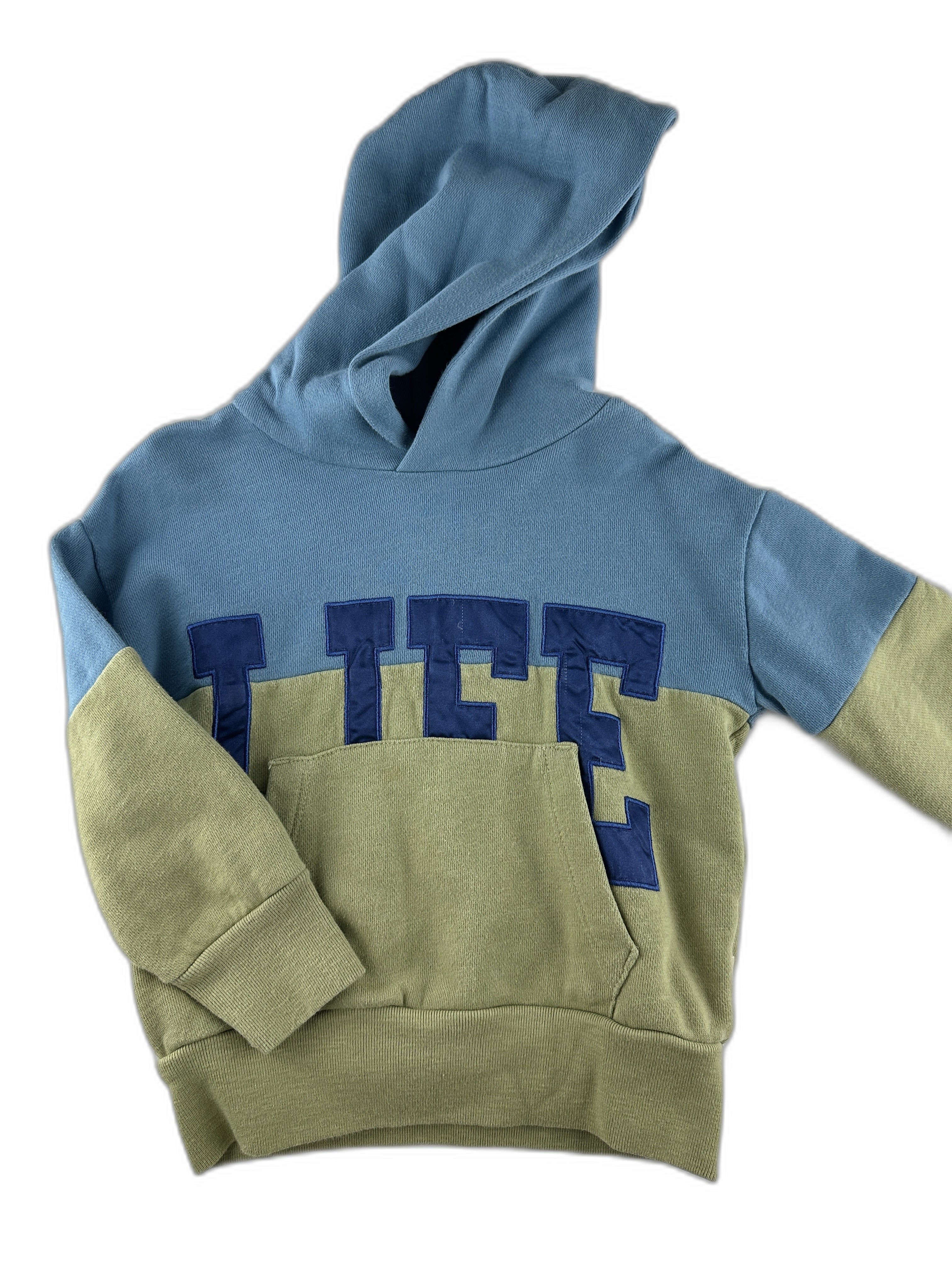 Bellerose - Sweat à capuche bleu ciel  color block avec lettres appliquées - taille 4 ans- seconde main