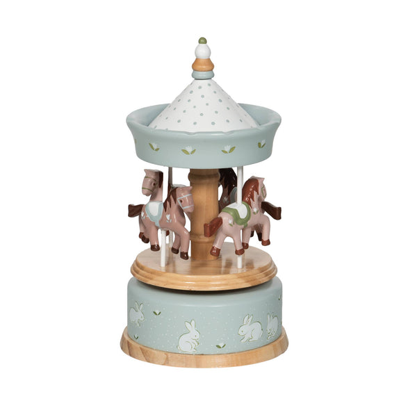 Carrousel musical en bois vert sauge avec petits lapins et manège miniature
