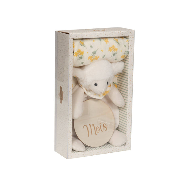 Coffret cadeau de naissance Amadeus Les Petits avec doudou mouton crème et lange imprimé
