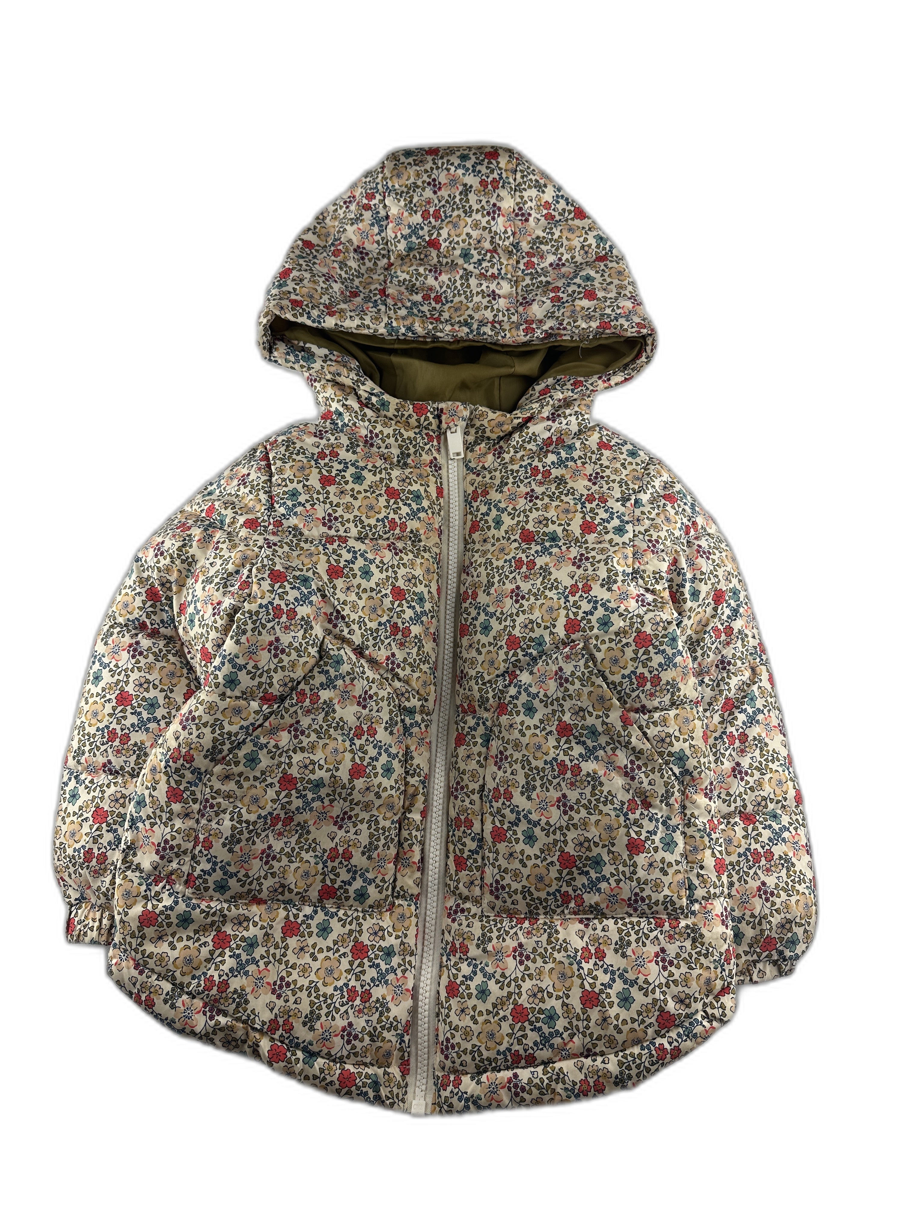 Monoprix - Doudoune à capuche beige imprimée fleurettes - taille 3 ans - seconde main