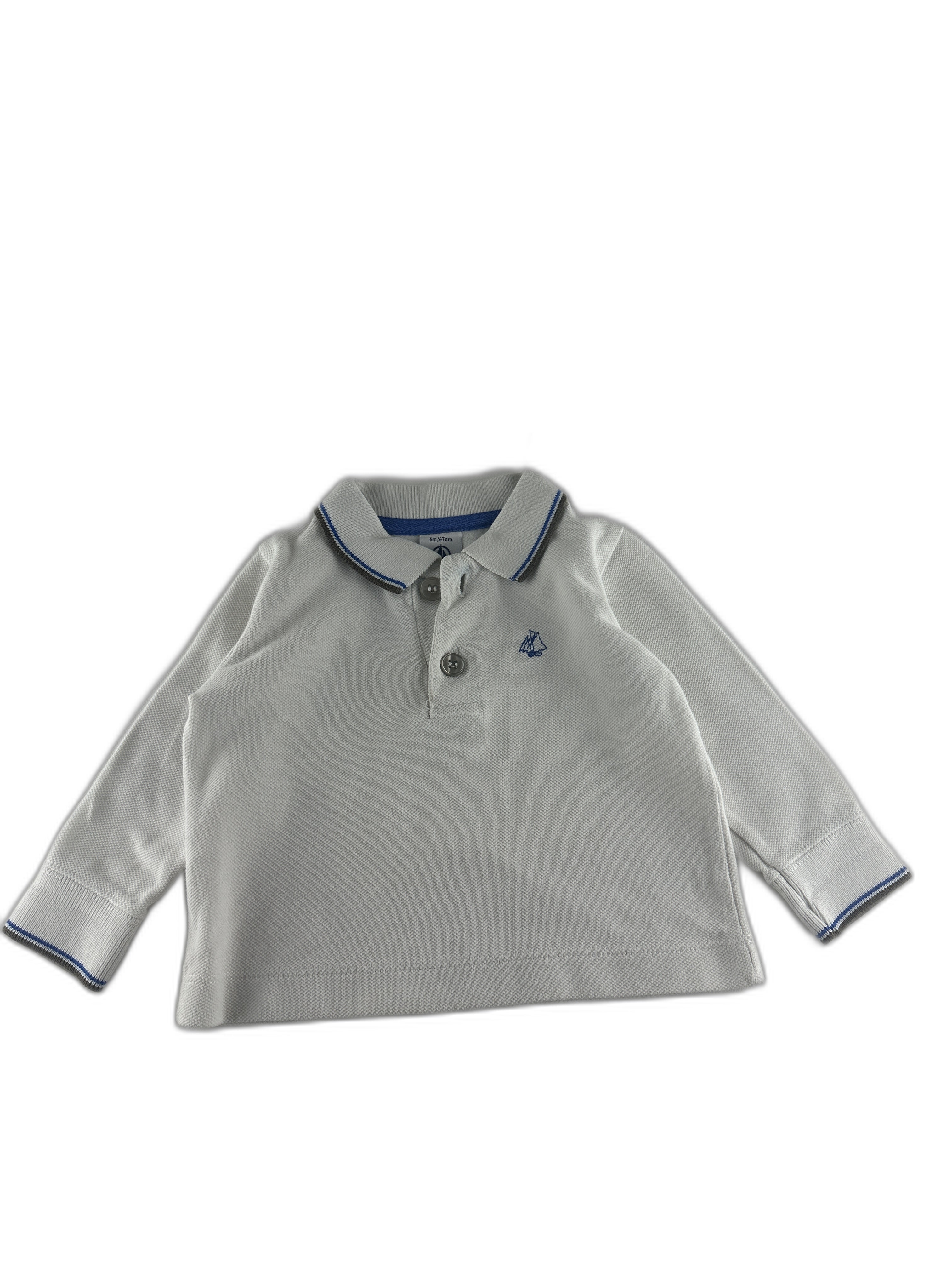 Petit Bateau - Polo manches longues blanc a uni - taille 6 mois / 67 cm - seconde main