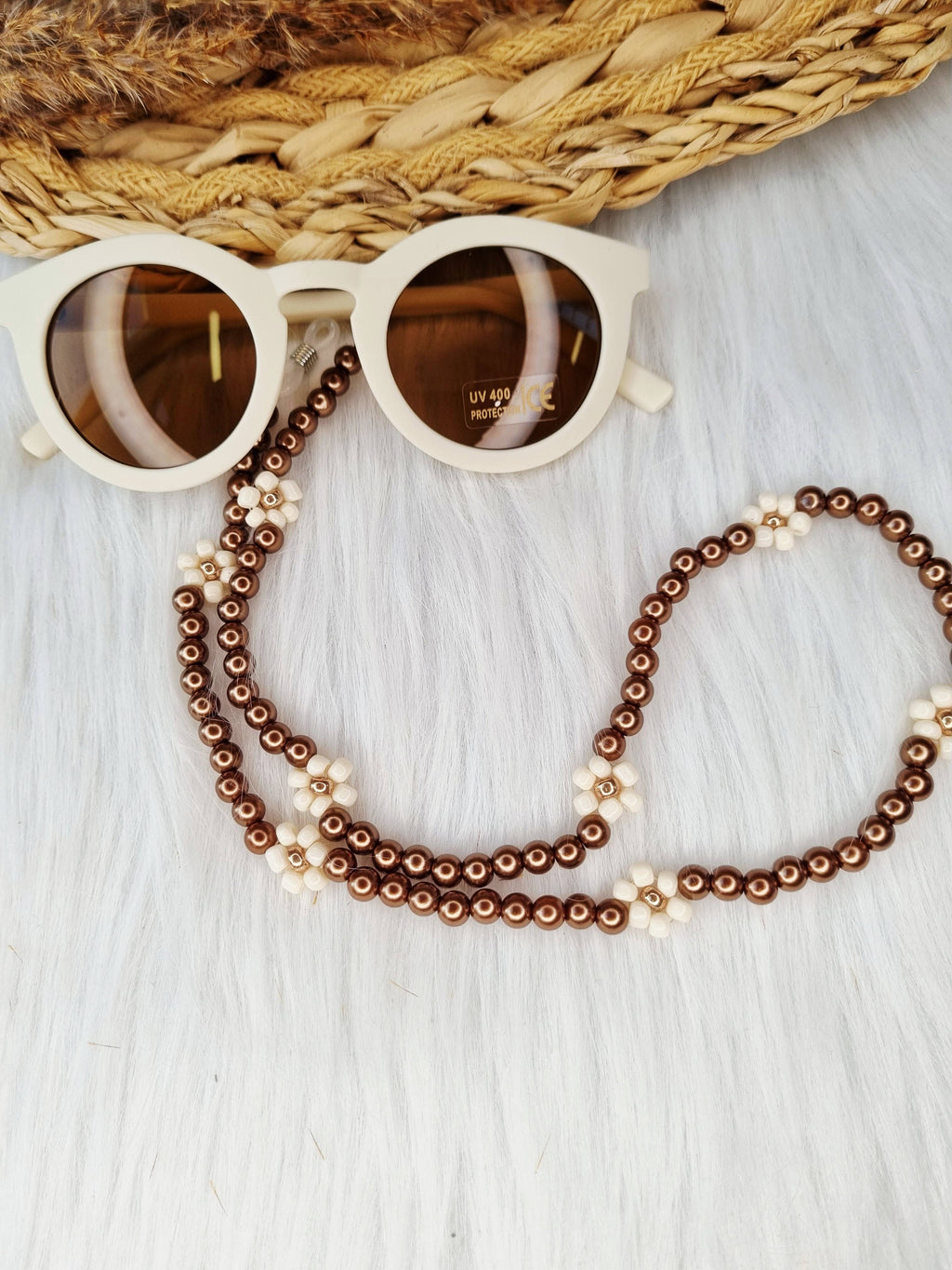 Cordon de lunettes Daisy perle marron foncé