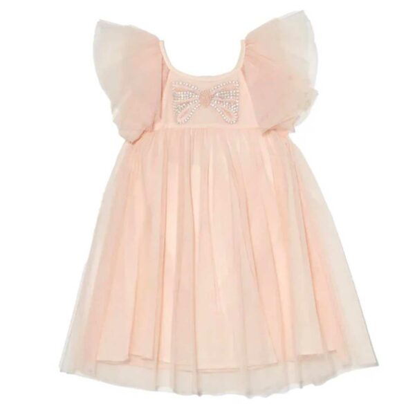 Robe bébé fille, brodée et voile rose