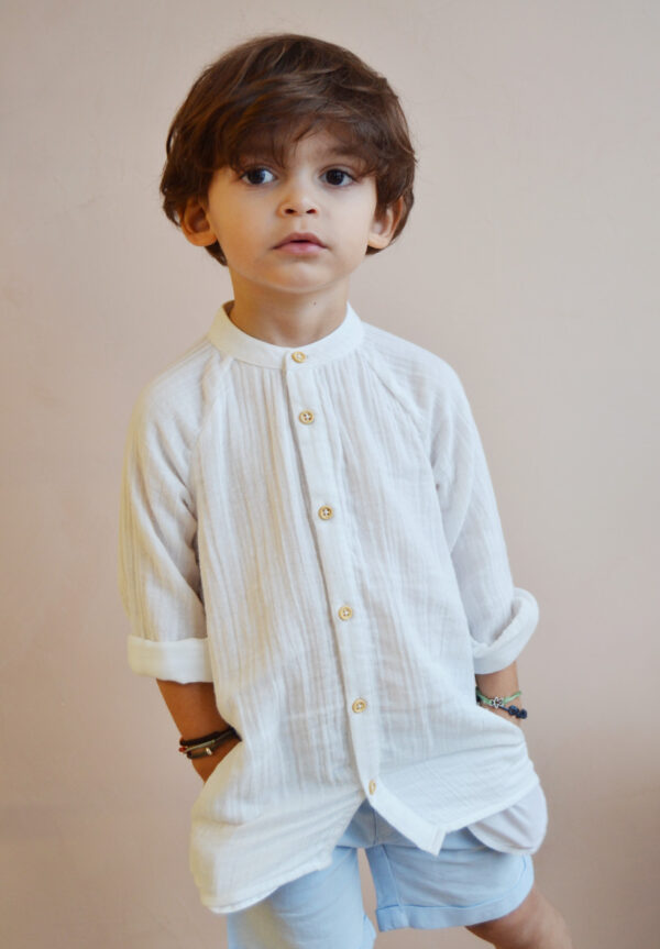 Chemise blanche enfant cérémonie col mao en gaze de coton