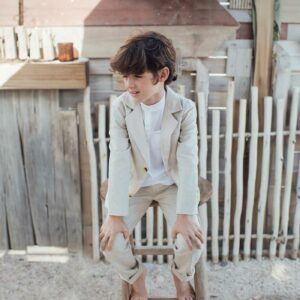 Ensemble veste et pantalon coloris lin mariage enfant-en coton et en lin enbouclekids