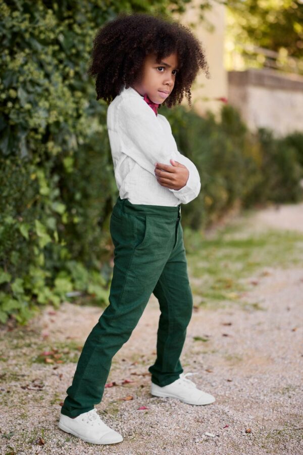 Pantalon-arsène-vert-sapin enfant cérémonie les petits inclassables et enbouclekids